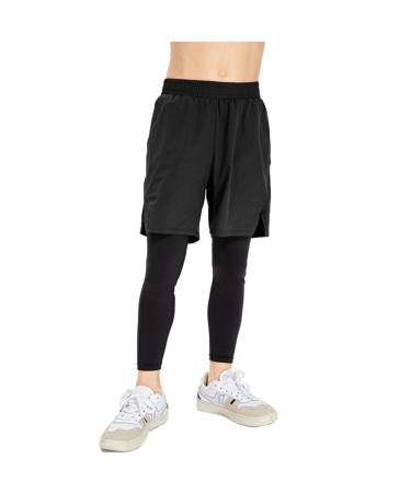 Blaward Boy's Running Training 2 in 1 Compression Tights Pants Workout Shorts Compression Leggings for Kids Youth Black 7-8 Years