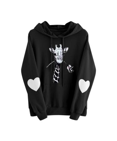 Women's Tops Long Sleeve Heart Hoodie Sweatshirt Ladies Jumper Drawstring Pocket Pullover Love Daisy Print Blouse 4X-Large Giraffe - Black