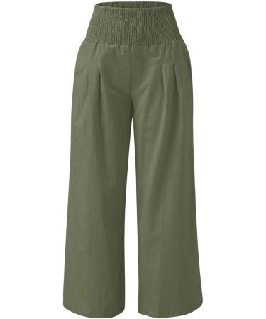 Womens Cotton Linen Wide Leg Palazzo Pants | High Waisted Lounge Cargo Beach Trouser | Loose Fit XXL | Army Green - Buy Online on SooperMarket.com