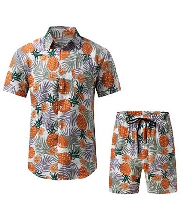 BEUU Cotton Linen 2 Piece Hawaiian Sets Summer Short Sleeve Button Down Shirts Vintage Boho Shorts Set Casual Beach Suit 178- Orange Large