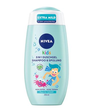 Nivea Kids 3-in-1 Shower Gel Shampoo & Conditioner (250 ml) Care and Cleaning for Kids with Magic Apple Fragrance Extra Mild & Soap-Free Hair and Skin Care for Children