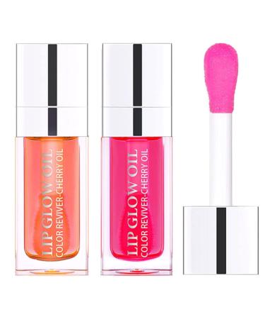ZARICS 2 PCS Plumping Lip Oil  Hydrating Lip Gloss Tinted Lip Balm Lip Care Transparent Toot Lip Oil  Lasting Nourishing Lip Glow Oil Big Brush Head Glitter Shine Primer Lip Tint (PINK + CHERRY)