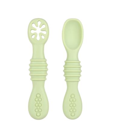 Vicloon Baby Fork and Spoon Set 2Pcs Silicone Spoon Baby Weaning Spoon Set Self Feeding Utensil Easy Grip Toddler Cutlery Kit Soft Baby Spoon for Infant Toddler Children First Led Training Weaning Light Green