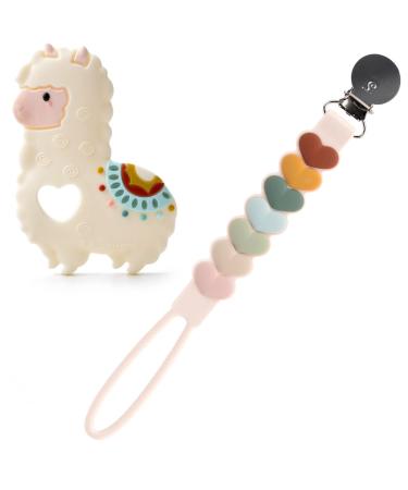 Loulou Lollipop Silicone Teether and Holder Clip Bundle Set - Llama/Sweetheart Multi
