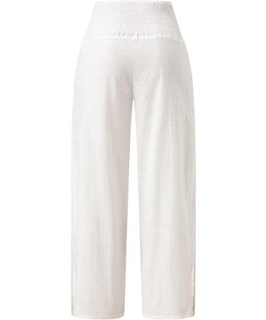 Viyabling Women's Summer Linen Palazzo Beach Pants - Elastic Waist Wide Leg Trousers in White | Medium - Buy Online on SooperMarket.com