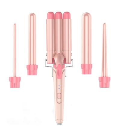Waver Curling Iron Wand BESTOPE PRO 5 in 1 Curling Wand Set with 3 Barrel Hair Crimper for Women Fast Heating Hair Wand Curler in All Hair Type - Soft Pink