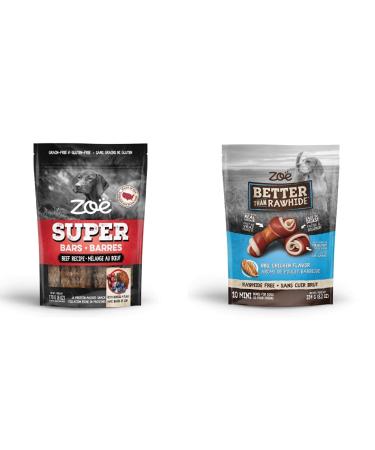 Zoe Super Bars - Beef Recipe - 170 g (6 oz) & Zo Better than Rawhide Bones for dogs Mini BBQ Chicken Flavor (8.2 oz) 234 g (Pack of 1)