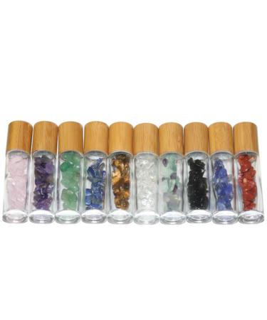10 Pack 10ml Clear Glass Roller Bottles with Gemstone Roller Balls and Bamboo Lid - Healing Crystal Chips Inside - Buy Online on SooperMarket.com