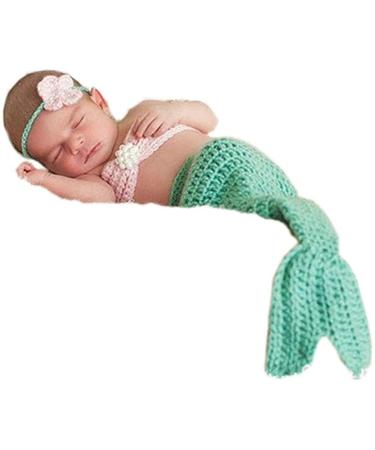 Pinbo Newborn Baby Photography Prop Crochet Mermaid Headband Bra Tail