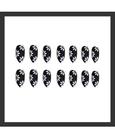 Black Daisy Design Press On Nails - Medium | Full Cover Tips for Women & Girls | Spring/Summer Salon Nail Art - Buy Online on SooperMarket.com