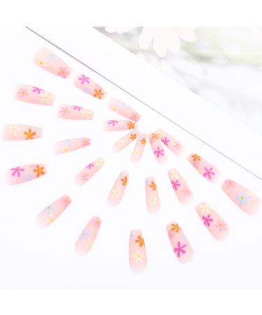 Colorful Matte Long Coffin Press on Nails - Pink Flower Design 24Pcs for Women and Girls - Buy Online on SooperMarket.com
