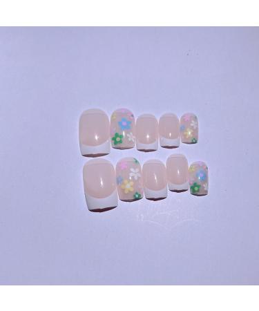 White French Multicolor Flowers Press on Nails - Coffin Stick on Nails Nails Tips Full Cover Fake Nails Glossy Nails for Women Girls DIY Nail Manicure 24 PCS False Nails 01 - Buy Online on SooperMarket.com