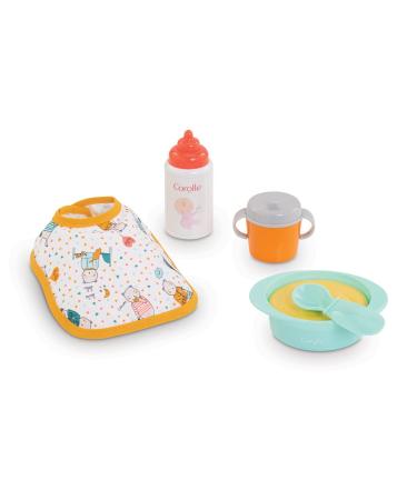 Corolle Mon Premier Poupon Mealtime Set - 5-Piece Accessory Set Includes Feeding Bottle  Cup  Bib  Feeding Dish & Spoon  fits 12'' Baby Dolls  for Kids Ages 18 Months & up  Blue  Orange  Yellow