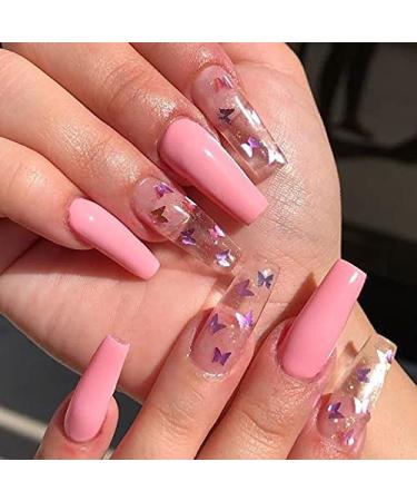 Aksod Glossy Gradient Pink Press on Nails Long Square Coffin Fake Nails Butterfly Glitter Sequins Art Acrylic False Nails Tips Ballerina Nails for Women and Girls (Pink B)