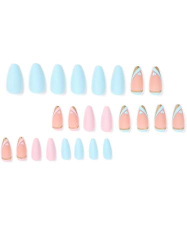 JUSTOTRY 24 Pcs Matte Stiletto Short False Nails | Heart Pattern Pale Pink & Blue French Press On Nails | Pretty Fake Nails with Nail Glue | Almond Medium Stick On Nails for Women - Buy Online on SooperMarket.com