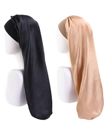 Ladaypoa long satin sleeping cap 2 pieces large sleeping hats for women long braids satin-sleep hat extra large sleeping cap with a wide elastic ribbon soft and convenient black+gold