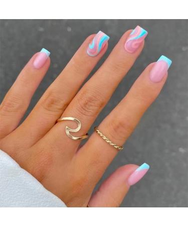 Sethexy French Short Square False Nails Collection Fashion Press on Nails Glossy Fake Nails 24Pcs Acrylic Stick on Nail Tips Blue Swirl