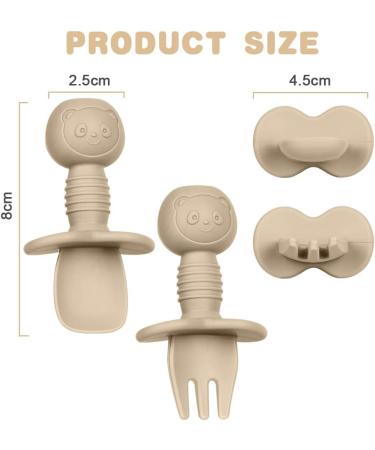 Vicloon Baby Fork and Spoon Set - Silicone Self Feeding Utensils for Toddlers, Easy Grip Cutlery Kit - Gray-Brown - 4Pcs - Buy Online on SooperMarket.com