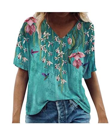 Spring Summer Tops for Women 2023 Ladies Dressy Casual V-Neck Tee Short Sleeve Tunic Basic Summer T Shirts Ladies Tops and Bloues - Blue 3X-Large
