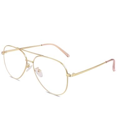 GQUEEN Pilot Style Fake Glasses Without Prescription Women Men Retro Metal Frame UV400 1 Gold