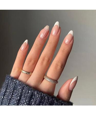 Luvadeyo 24 pcs pressed into nails false nail piece glue on nails false nails with glue Women's and girls' nail piece pink and white pink white medium long nail