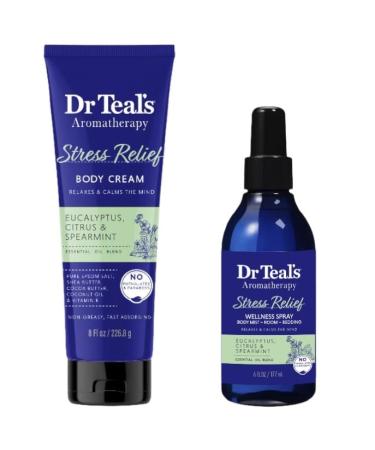 Dr Teal's Aromatherapy Set - Body Cream (8oz) and Spray (6oz) Bundle - Choose from Energy  Sleep  or Stress Relief (Stress Relief - Eucalyptus  Citrus  and Spearmint)