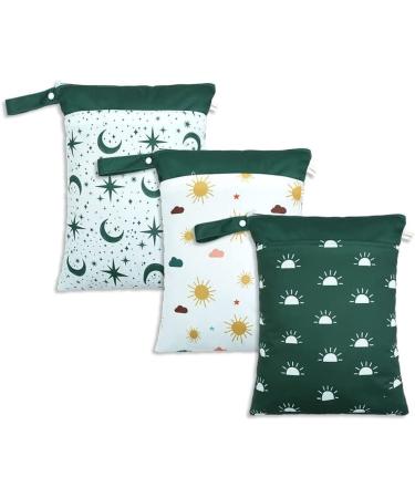 Muslong 3 pieces of diaper bag wetbag reusable cloth diapers nast pockets for on the go diaper bag Wetbag diaper bags for babies diapers dirty clothes and other accessories (green & sun)