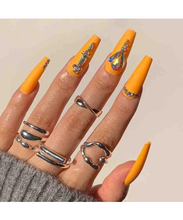 Outyua 3D Rhinstone Designer Press on Nails with Designs Yellow Shimmer Coffin Extra Long Fake Nails Ballerina Pink Super Long False Nails Acrylic Full Cover Artificial Nail for Women and Girls 24pcs (Crown)