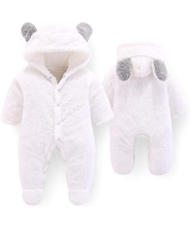 Newborn Baby Cartoon Bear Snowsuit Winter Coat | Fleece Hooded Romper Jumpsuit 0-3 Months White - Buy Online on SooperMarket.com