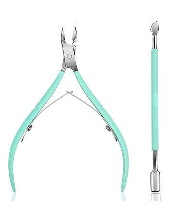 Cuticle Nipper with Cuticle Pusher-Professional Grade Stainless Steel Cuticle Remover & Cutter-Durable Manicure and Pedicure Tool (Green)