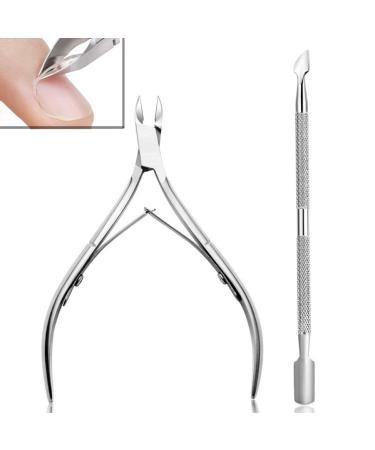 Set of 2 Cuticle Trimmer with Cuticle Pusher Cuticle Remover Cuticle Nipper Professional Stainless Steel Cuticle Cutter Clipper Durable Pedicure Manicure Tools for Fingernails and Toenails (Silver)
