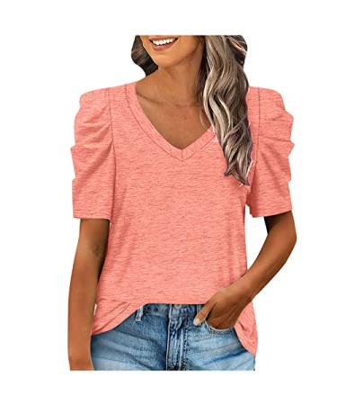Puff Short Sleeve Tops for Women Fashion Elegant V Neck T Shirts Basic Casual Solid Color Plain Blouse T-Shirts X-Large Pink
