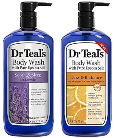 Dr Teal's Body Wash Combo Pack (48 fl oz Total) Soothe & Sleep with Lavender and Glow & Radiance with Vitamin C & Citrus Essential Oils. Treat your skin your senses and your stress.