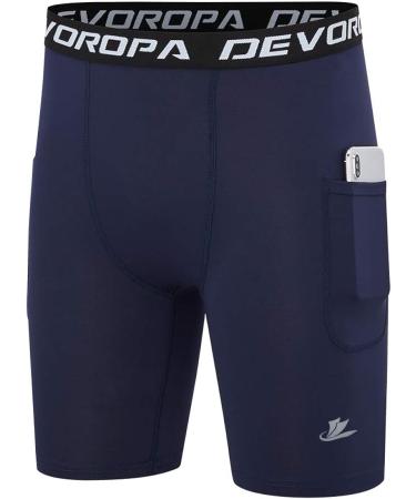 DEVOROPA Youth Boys' Compression Shorts 2-Pack, Black/Navy, Large | Performance Athletic Base Layers with Side Pockets - Training Underwear - Buy Online on SooperMarket.com