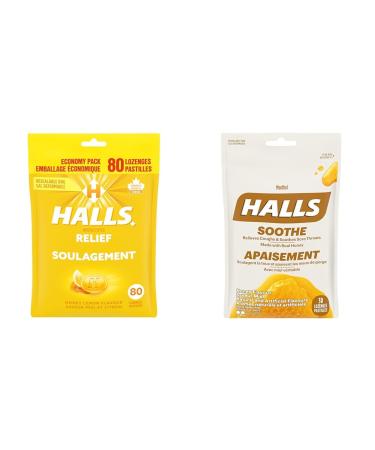 HALLS Triple Soothing Action Cough Drops Honey Lemon 1 Resealable Bag (80 Drops Total) & Menthol Honey Bag 30 Lozenges