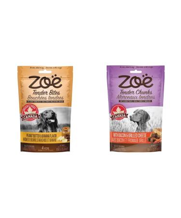 Zoe Tender Bites Peanut Butter and Banana | Zoe Tender Chunks (Cheese and Bacon - Grilled Cheese & Bacon Cheese/Bacon) Peanut Butter & Banana Bites + Chunks 5.3-Ounce