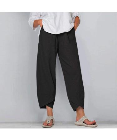 Gufesf Women's Linen Capri Pants - High Waisted Wide Leg Summer Crop Pants in Black (X-Large) - Buy Online on SooperMarket.com