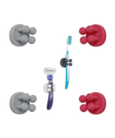 Tecbull Funny Hooks toothbrush holder razor holder shower razor bracket without drilling toothbrush bracket Self -adhesive clamping holder for toothbrushes (4x gray/red + 4x replacement adhesive pad) 2x gray + 2x raspberry red
