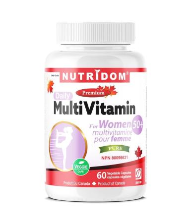 Nutridom Daily Multivitamin for Women over 50 with Beta-carotene Vitamin A D3 E C B K2 Biotin Calcium Magnesium Zinc Iodine Manganese Pottasium Copper Chromium Selenium Molybdenum Lutein Choline L-Methionine Inositol (60 Vegan capsules)
