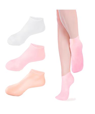 Moisturizing Silicone Socks for Dry Chapped Feet - Repair Soften and Restore Rough Skin - Aloe Vera Gel Infused Socks for Women and Men - Pink & White & Skin Tone 3 Pairs