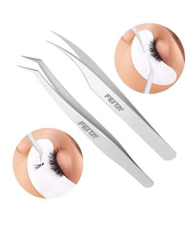 Feita Professional Stainless Steel Volume Eyelash Extension Tweezers - Angled & Curved Precision Tools for 3D-6D Lashes & Hair Removal (Set of 2) - Buy Online on SooperMarket.com