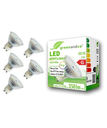 5x Greenandco CRI 90+ GU10 LED spot 5W 350 LM 110 3000K warm white 230V flicker -free not dimmable 2 years guarantee 5W 3000K 110 5 pieces (1 Pack)