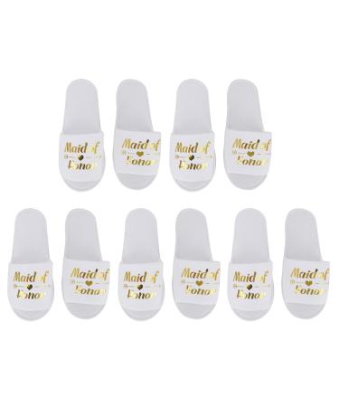 Tissting 5 Pair Bride Bridesmaid Slippers Cotton Letters Print Disposable Slippers Soft Non Slip for Hotel Wedding Party Photography Props(maid of honor) maid of honor White
