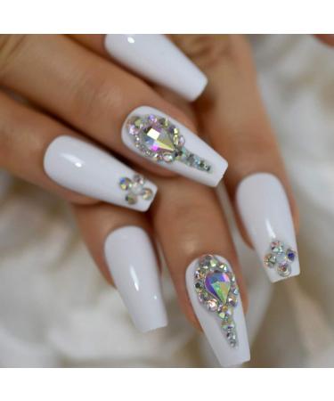 White 3D Shiny Holo Gems French Coffin Ballet False Nail Set | Coolnail Press-On Nails - 24pcs/set - Buy Online on SooperMarket.com