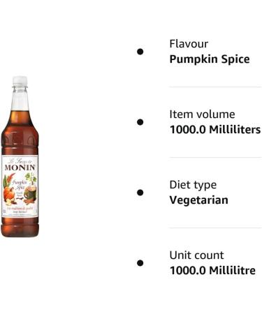 Monin Premium Pumpkin Spice Syrup 1L - Delicious Fall Flavor for Coffee and Cocktails - Buy Online on SooperMarket.com