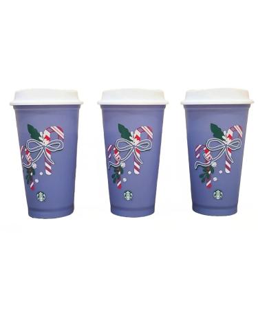 Starbucks Limited Edition Color Changing Candy Cane Reusable Plastic Hot Cups (3)16 oz