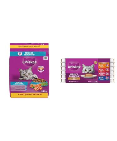 WHISKAS Seafood Selections Adult Dry Cat Food with Real Salmon 9.1kg Bag & Perfect Portions Adult Wet Cat Food - Chicken Beef Whitefish and Tuna Salmon 75g Trays (24 Pack)