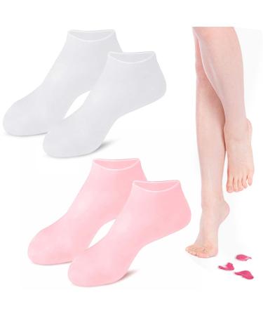 Moisturizing Socks Overnight for Dry Hard Cracked Skin Socks for Moisturising Silicone Socks for Moisturising Feet Cosmetic Spa Gel Socks Moisture Enhancing Socks for Women Men Pink+White