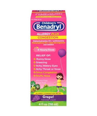 Childrens Benadryl Allergy Plus Congestion Grape Flavored Liquid 4 fl oz. Box - 24 per case.