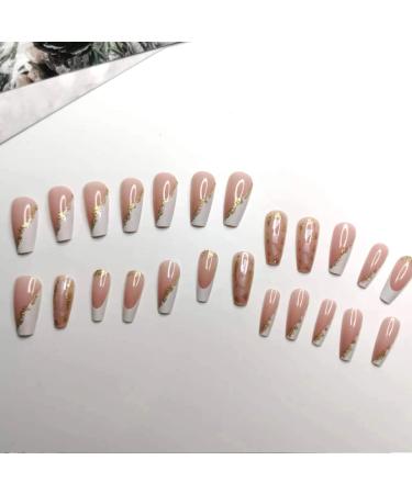 French Tip Press on Nails - Long Gold Foil Square Shape Reusable Gel Nails - 24 Pcs Glossy Nude Stick-On Nails for Women & Girls - Buy Online on SooperMarket.com